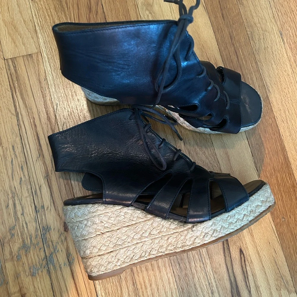 Black Leather Lace-Up Wedge‎ Sandals